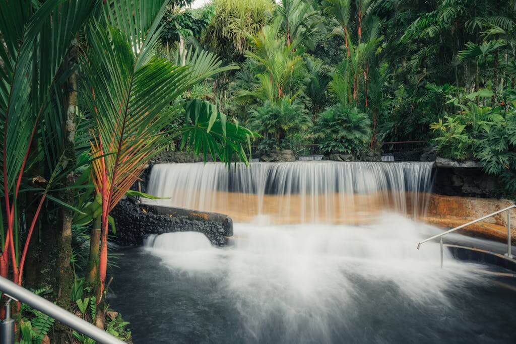 Tranquil waterfall surrounded by lush tropical foliage in Costa Rica's vibrant rainforest.